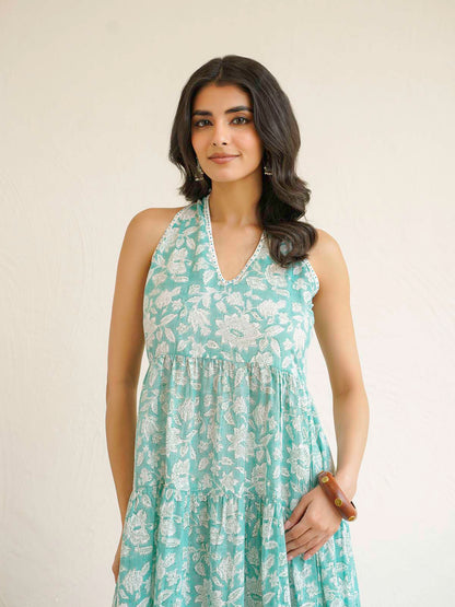 Tiered Halter Neck Dress Light Green