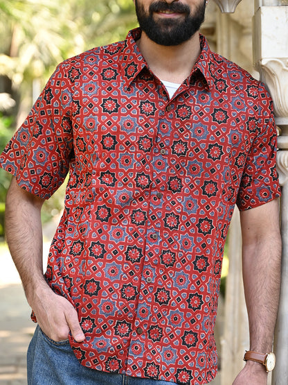 Men's Relaxed Fit Cotton Shirt – Half Sleeves - Red Ajrakh