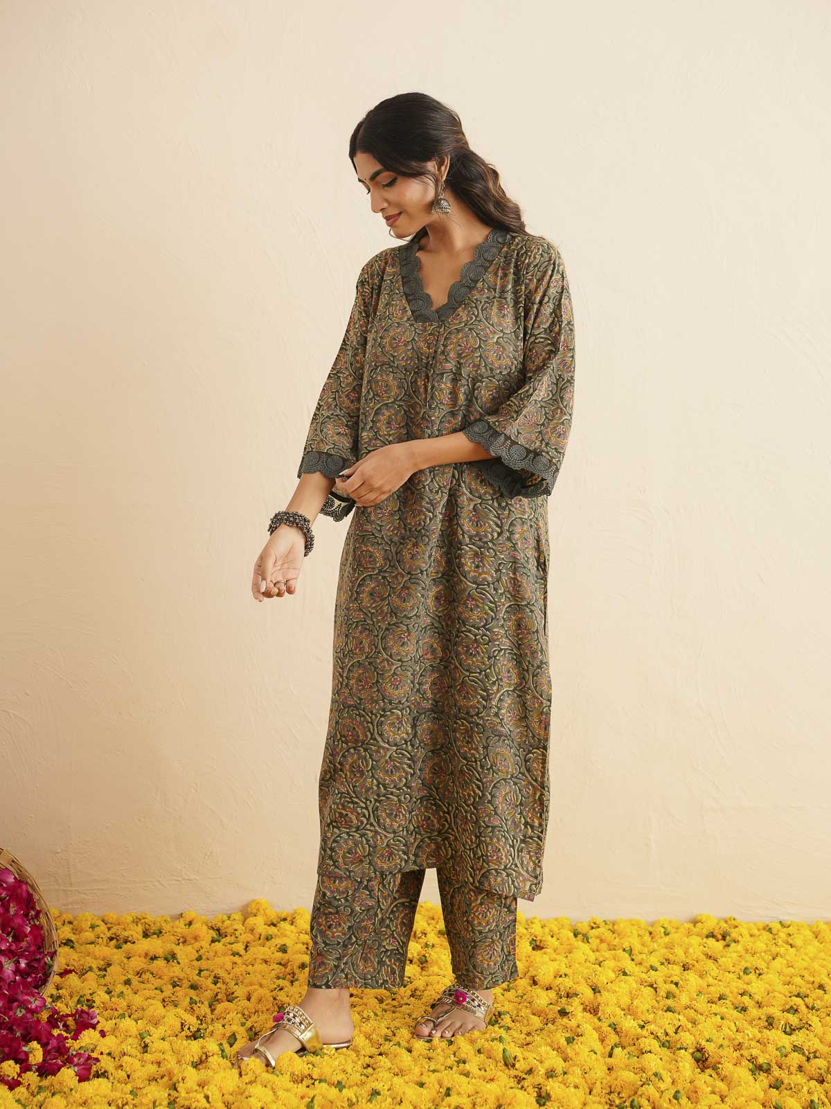Block Printed Cotton Kurta Pant Bagiya Set Forest Green