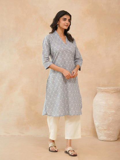 Cotton Printed Straight Kurta Grey