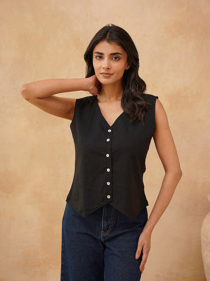 Classic Linen Vest For Women Black