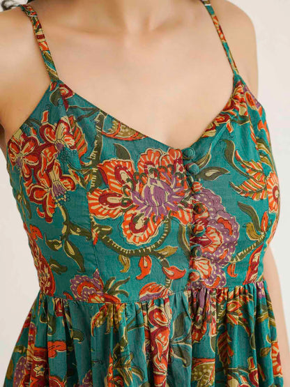 V-Neck Long Strappy Dress Dark Green