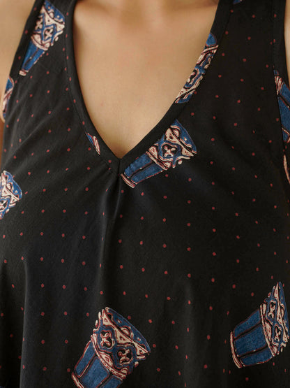 Cotton Printed Aline Moana Dress Black