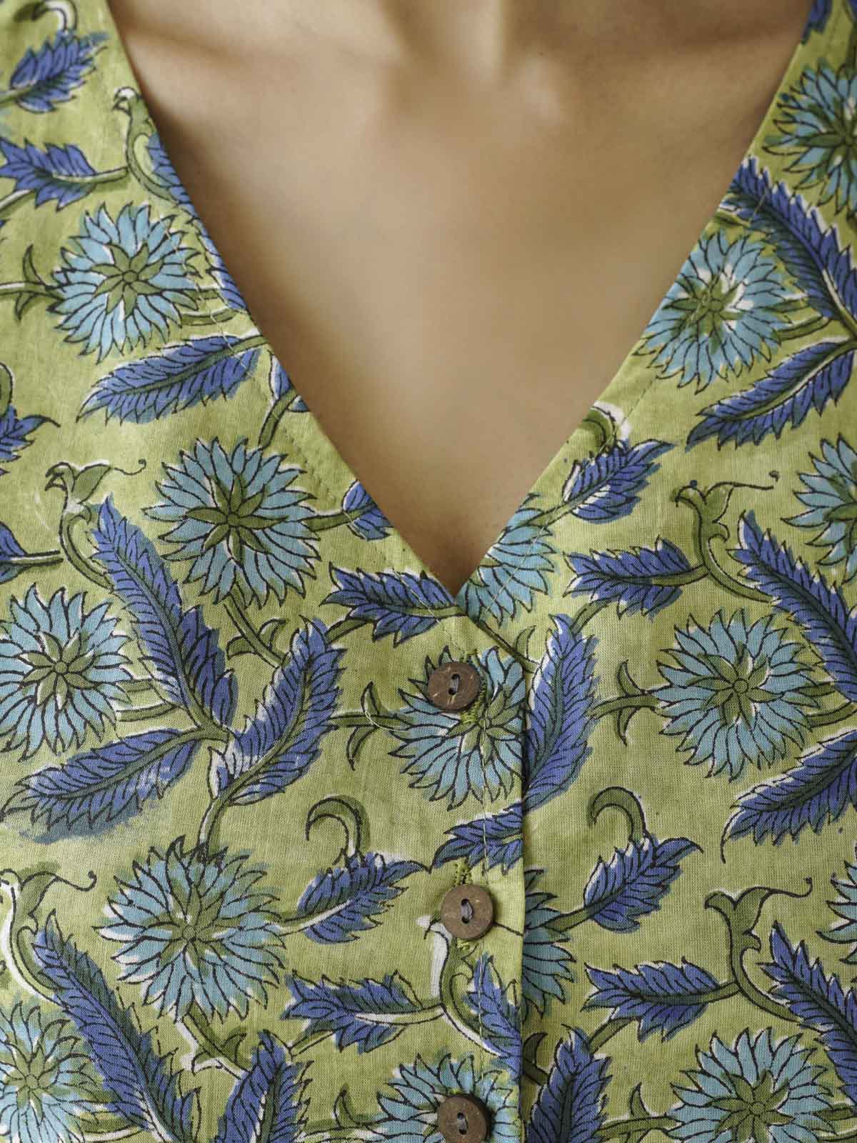 Sleeveless Cotton Block Printed Kothi Top Green Jaal