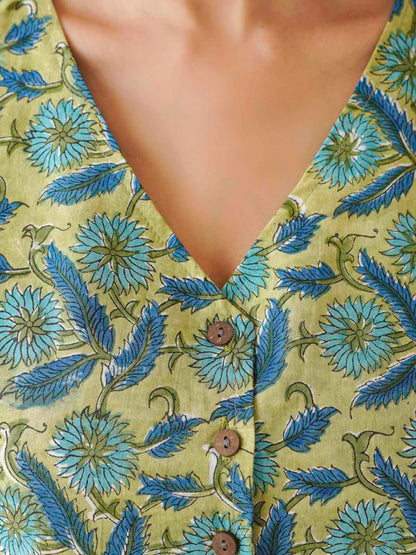 Sleeveless Cotton Block Printed Kothi Top Green Jaal