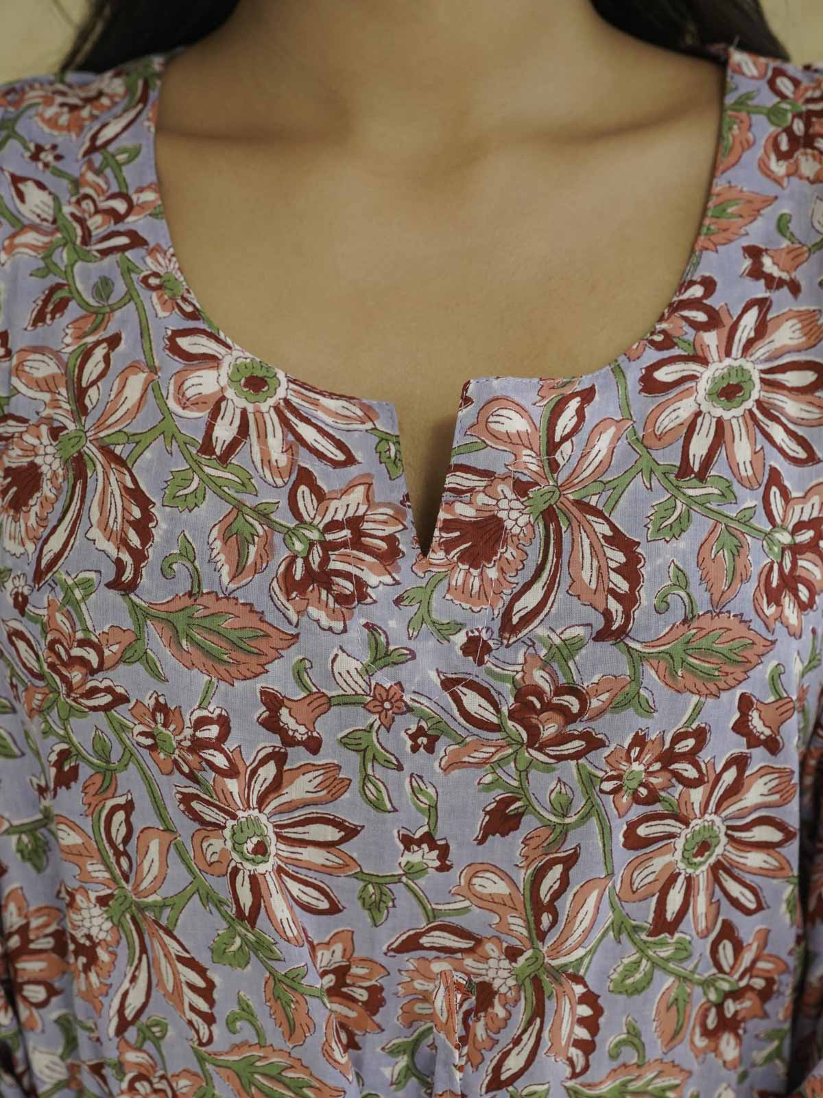 Block-Printed Cotton Long Kaftan Blue Jaal