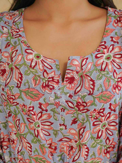 Block-Printed Cotton Long Kaftan Blue Jaal