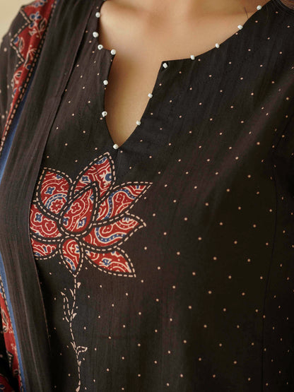 Cotton Printed Aline Geet Kurta Set For Women Black Lotus