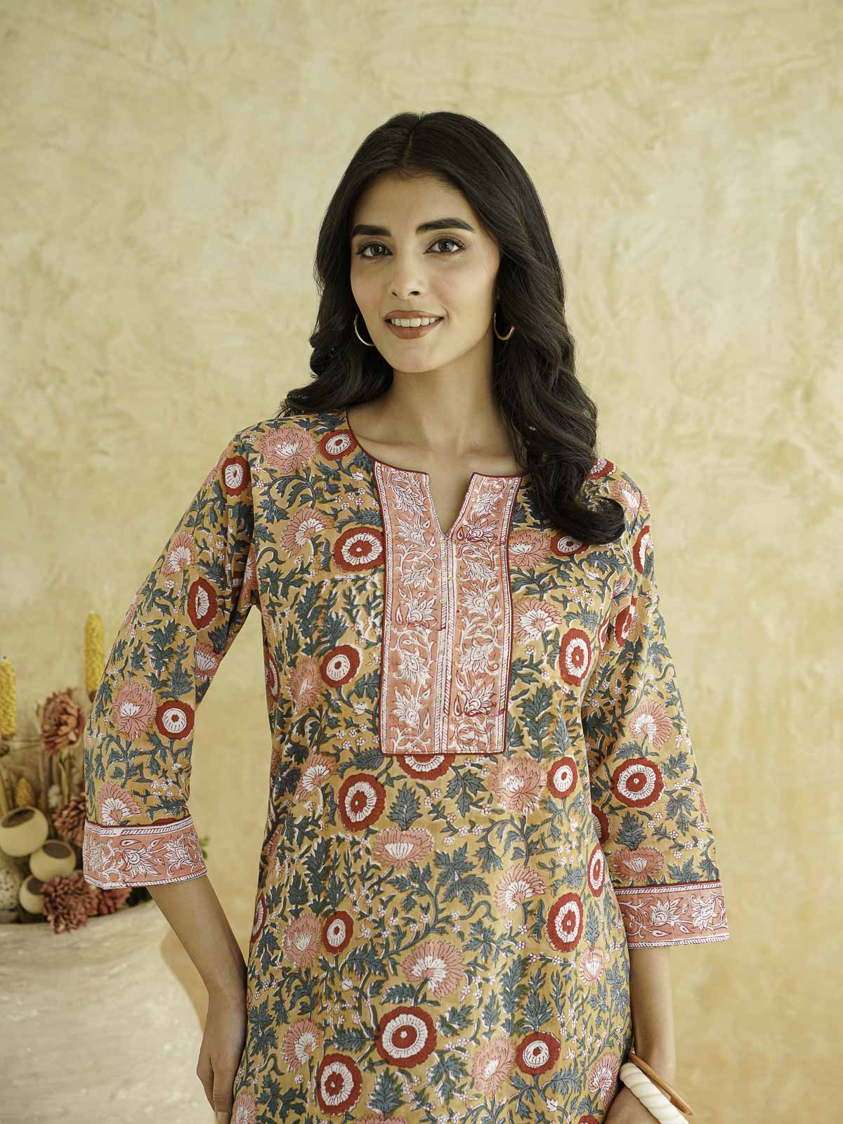 Cotton Printed Sequin Short Kurti For Women Brown