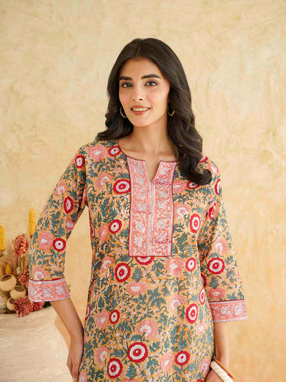 Cotton Printed Sequin Short Kurti For Women Brown