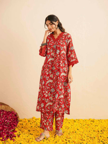 Block Printed Cotton Kurta Pant Bagiya Set Red Jaal