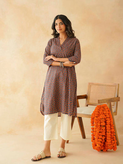 Cotton Printed Straight Kurta Blue Orange