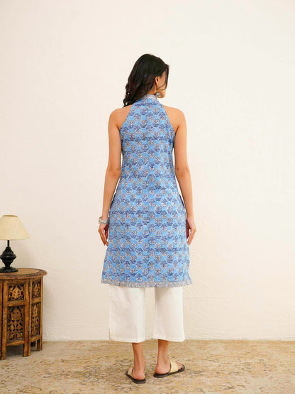 Sleeveless Cotton Halter Neck Kurti Blue Booty