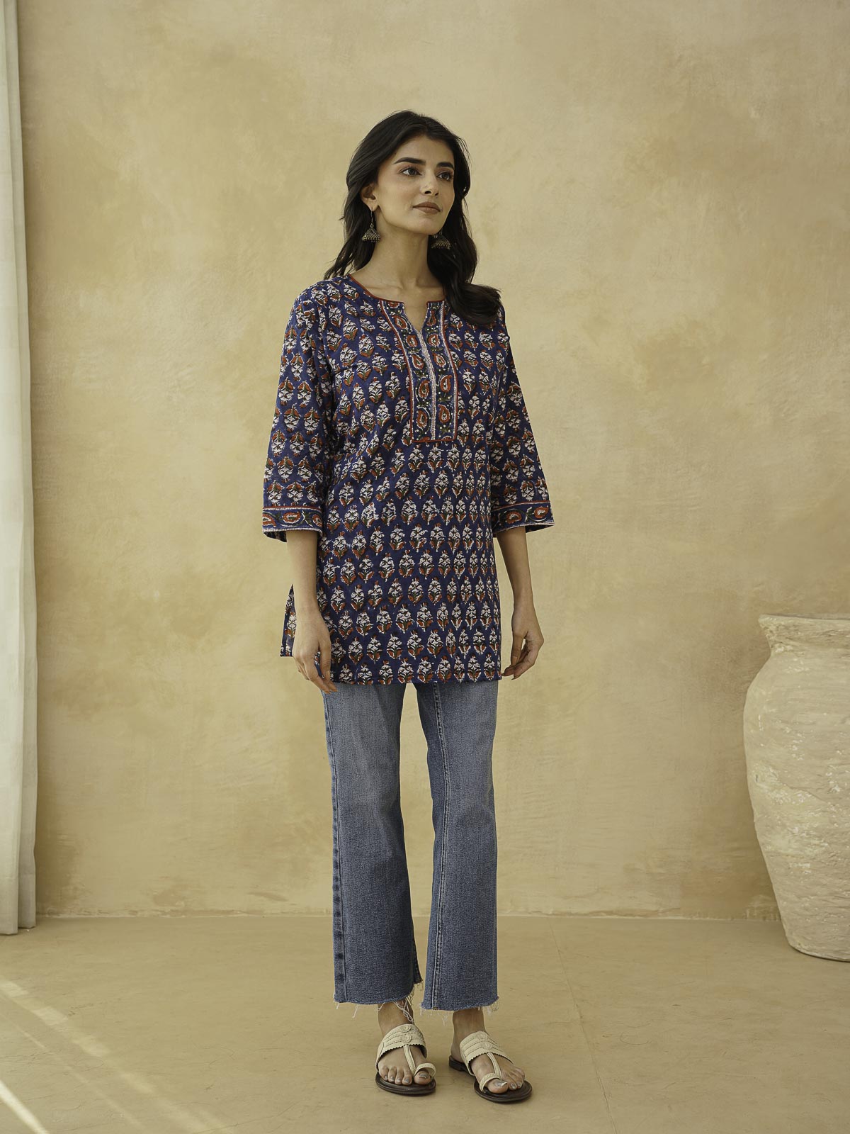 Cotton Printed Sequin Short Kurti For Women Blue