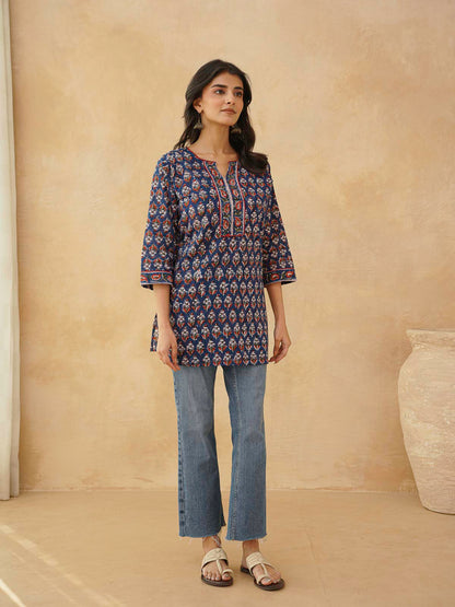 Cotton Printed Sequin Short Kurti For Women Blue