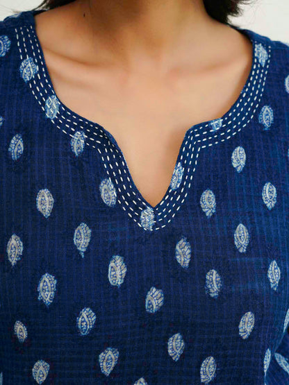 Cotton Printed Kantha Style Set For Women Indigo Eye