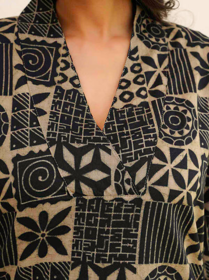 Cotton Printed Straight Kurta Black Coffee