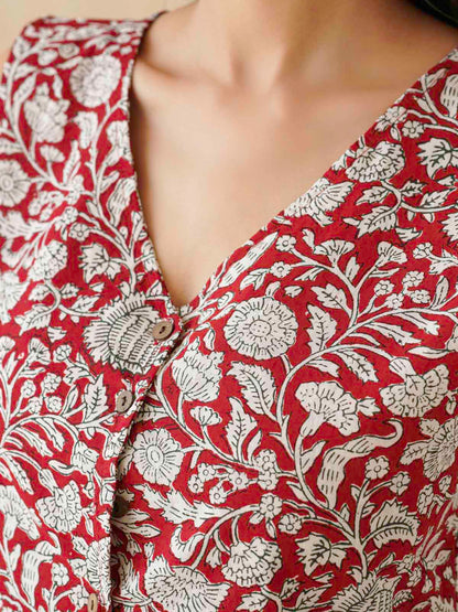 Sleeveless Cotton Block Printed Kothi Top Red Jaal