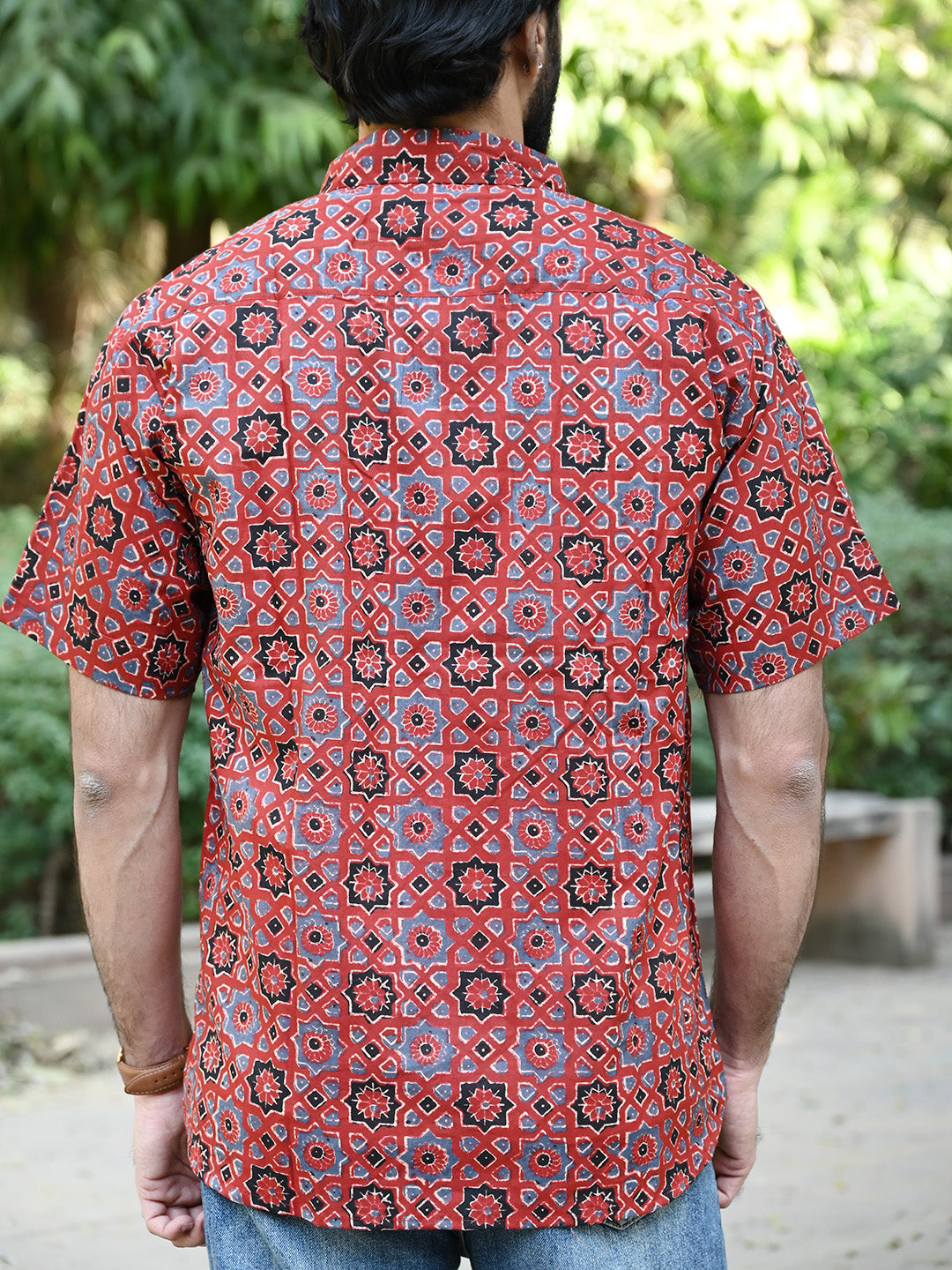 Men's Relaxed Fit Cotton Shirt – Half Sleeves - Red Ajrakh