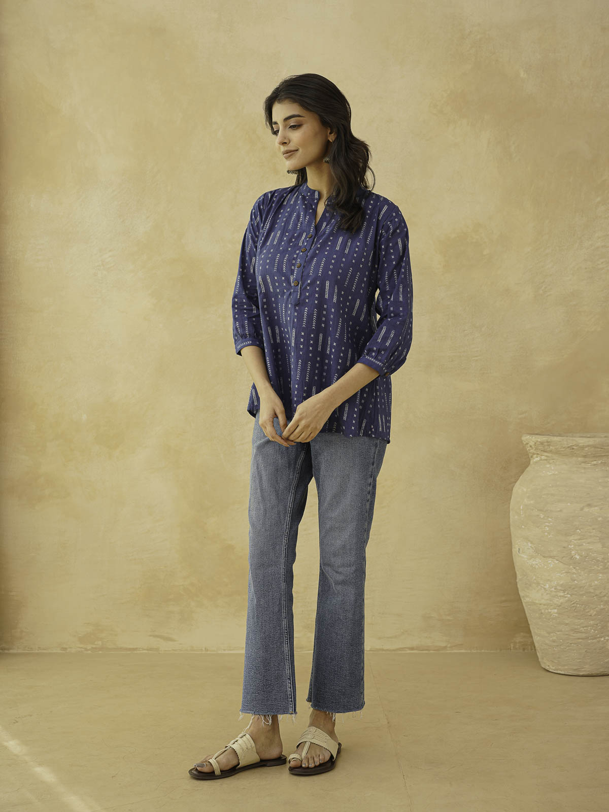 Cotton Printed Everyday Tunic Top For Women Blue Line