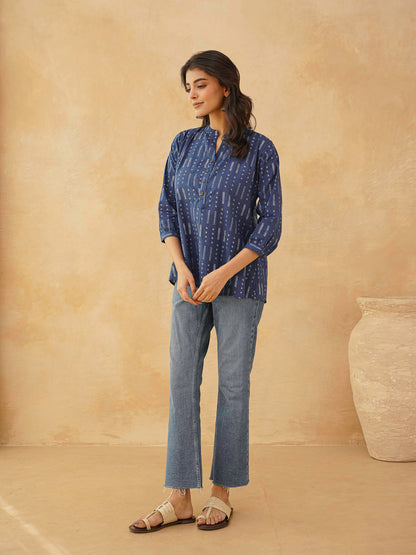 Cotton Printed Everyday Tunic Top For Women Blue Line