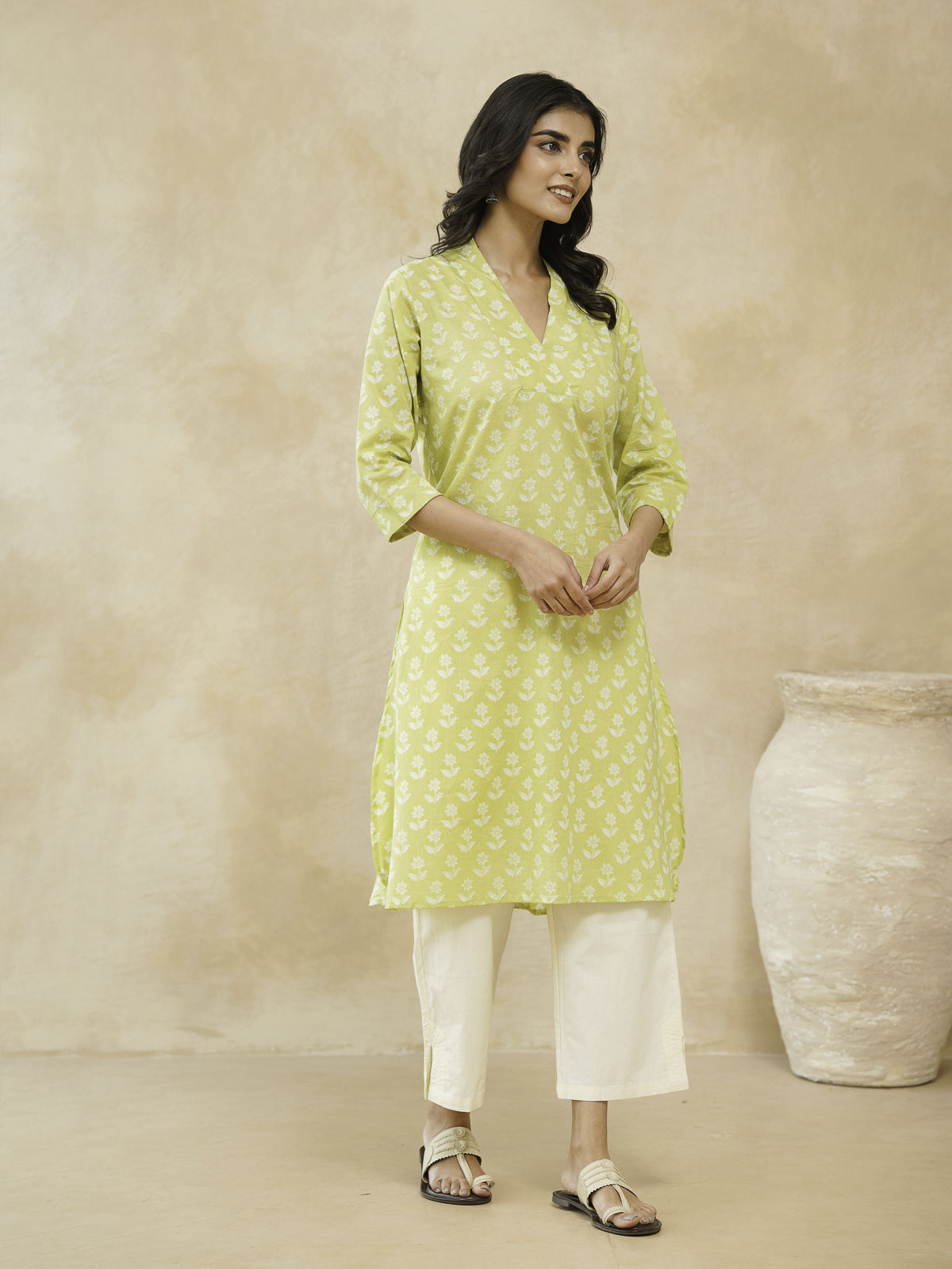 Cotton Printed Straight Kurta Yellow