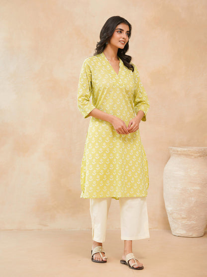 Cotton Printed Straight Kurta Yellow