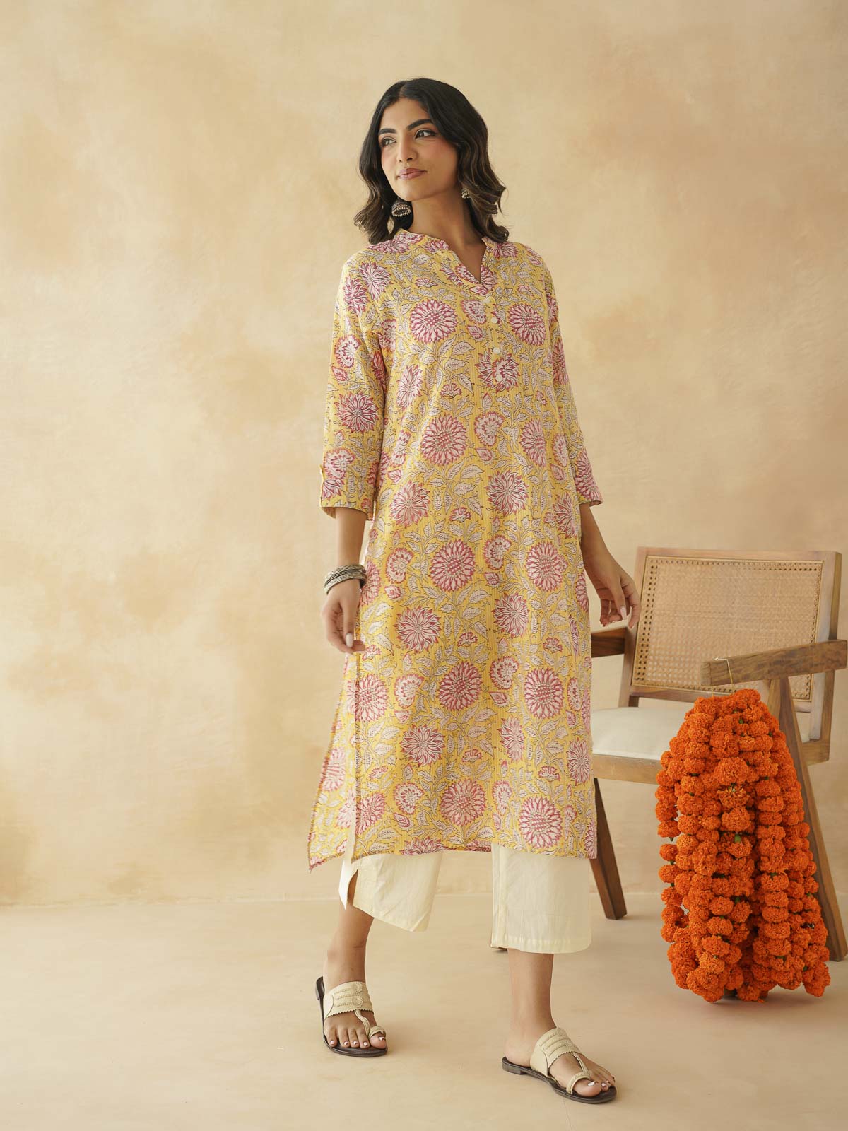 Cotton Printed Collar Neck Long Kurti For Women Yellow