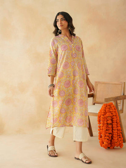 Cotton Printed Collar Neck Long Kurti For Women Yellow