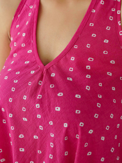 Cotton Printed Aline Moana Dress Pink Bandhej