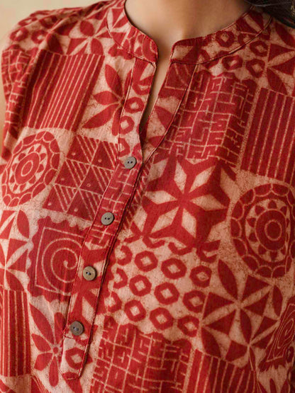 Cotton Printed Sleeveless Tunic Top For Women Red