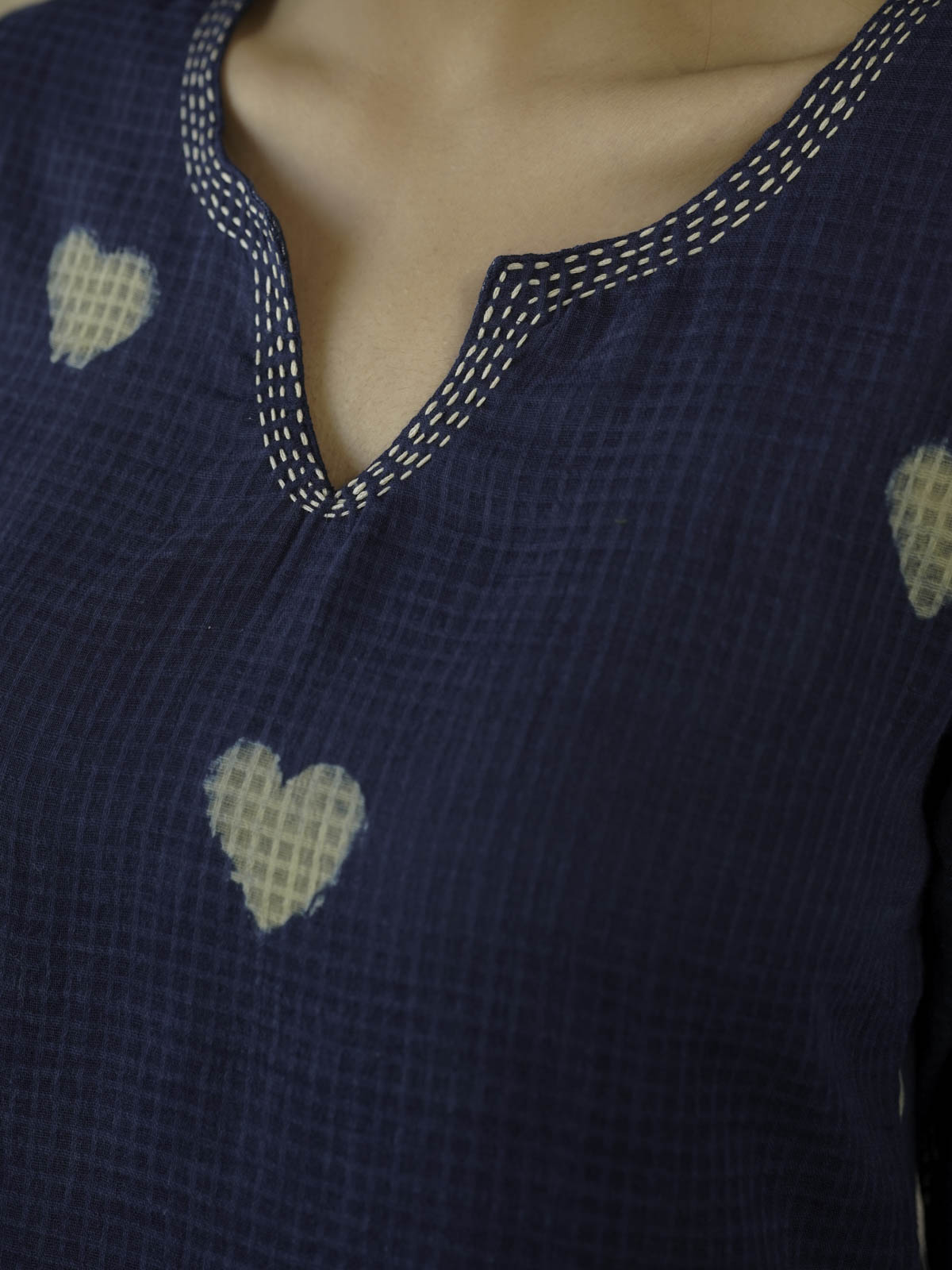 Cotton Printed Kantha Style Set For Women Indigo Heart