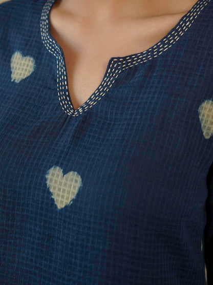 Cotton Printed Kantha Style Set For Women Indigo Heart