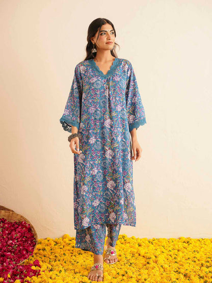 Block Printed Cotton Kurta Pant Bagiya Set Blue Purple