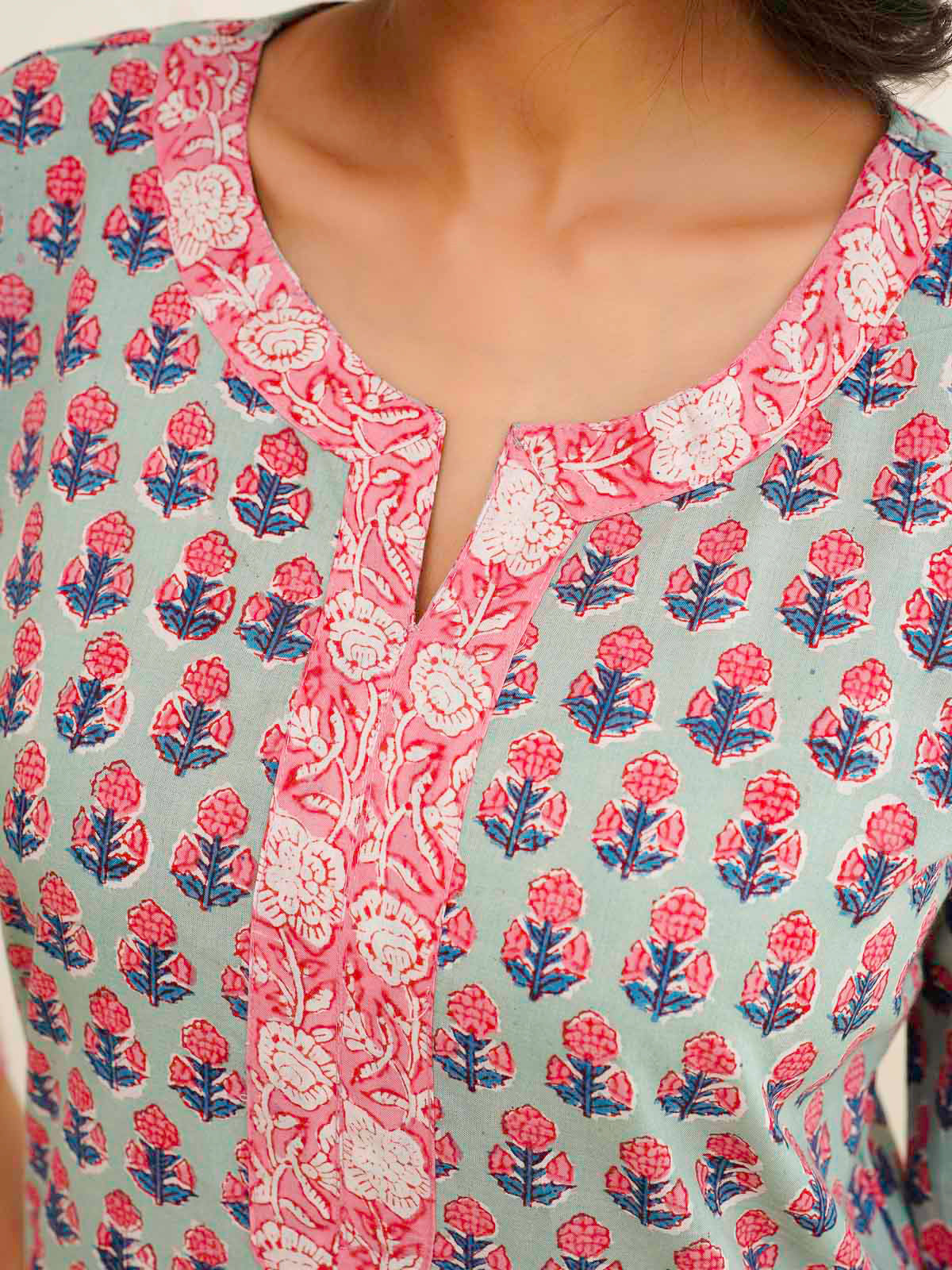 Cotton Block Printed Long Kurta Green Booty
