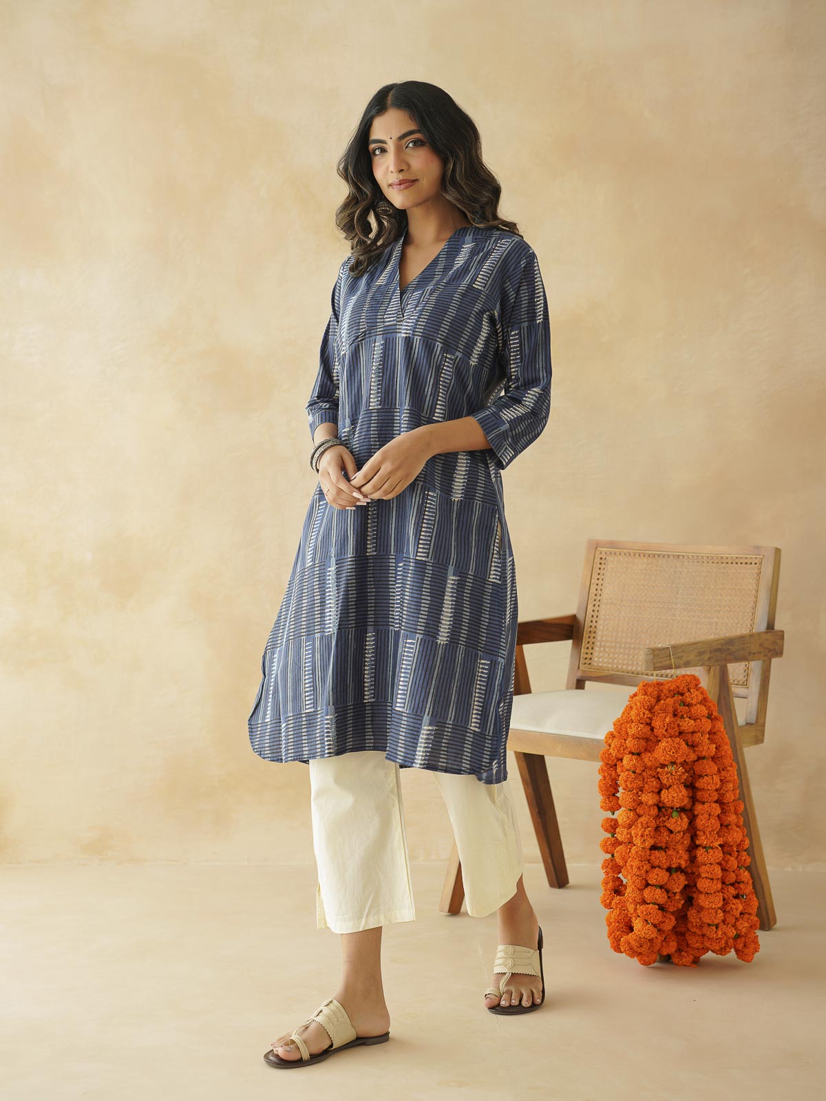 Cotton Printed Straight Kurta Indigo Strp