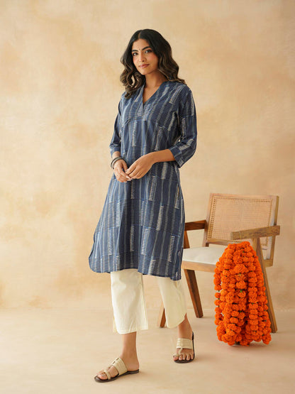 Cotton Printed Straight Kurta Indigo Strp