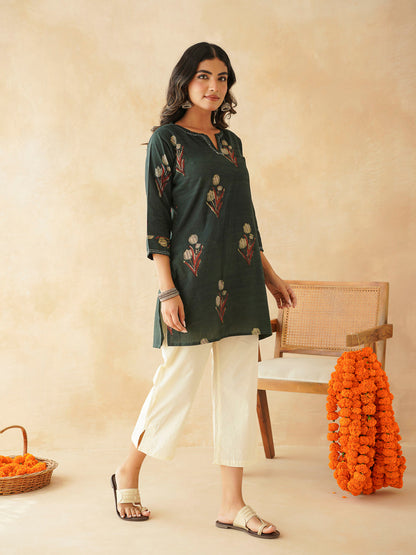 Cotton Printed Kantha Kurta Green