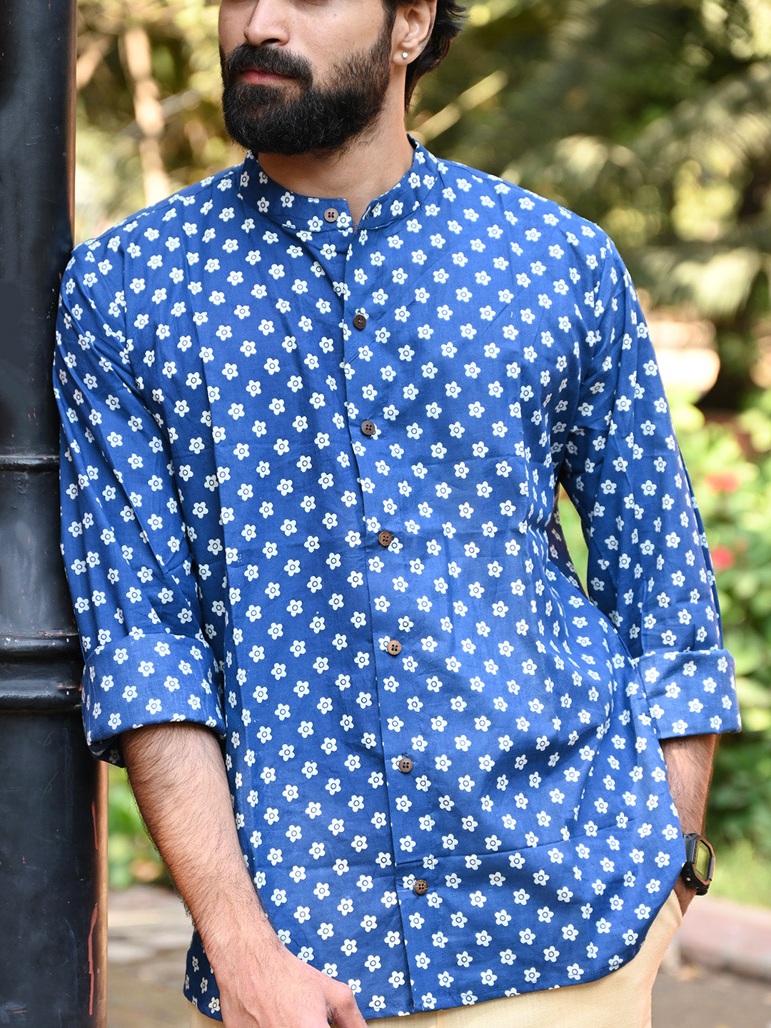 Men's Relaxed Fit Cotton Shirt – Full Sleeves - Blue Flower