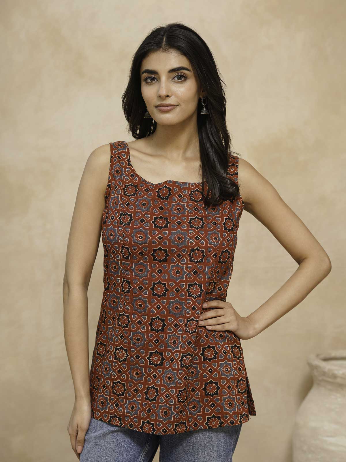 Cotton Printed Stylish Backless Tie-Up Kurti Ajrakh