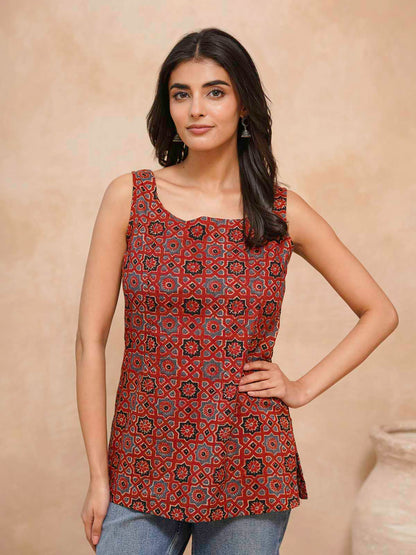 Cotton Printed Stylish Backless Tie-Up Kurti Ajrakh