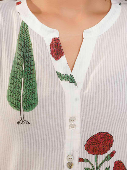 Cotton Pleat Kurta For Women White Patti