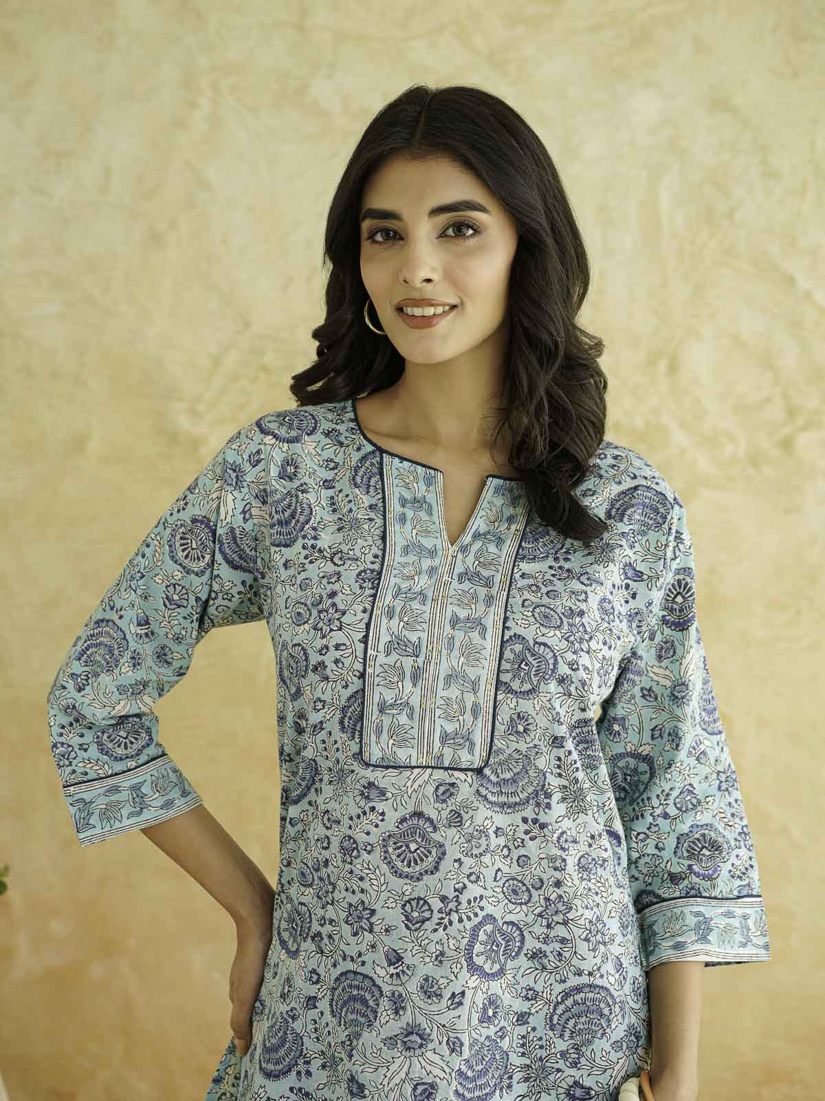 Cotton Printed Sequin Short Kurti For Women Turquoise