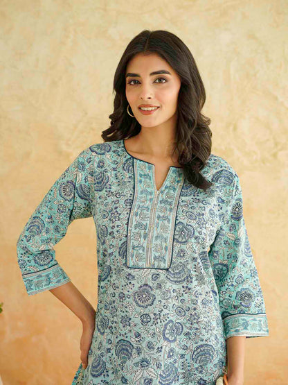Cotton Printed Sequin Short Kurti For Women Turquoise