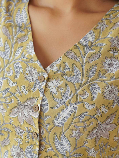 Sleeveless Cotton Block Printed Kothi Top Mustard