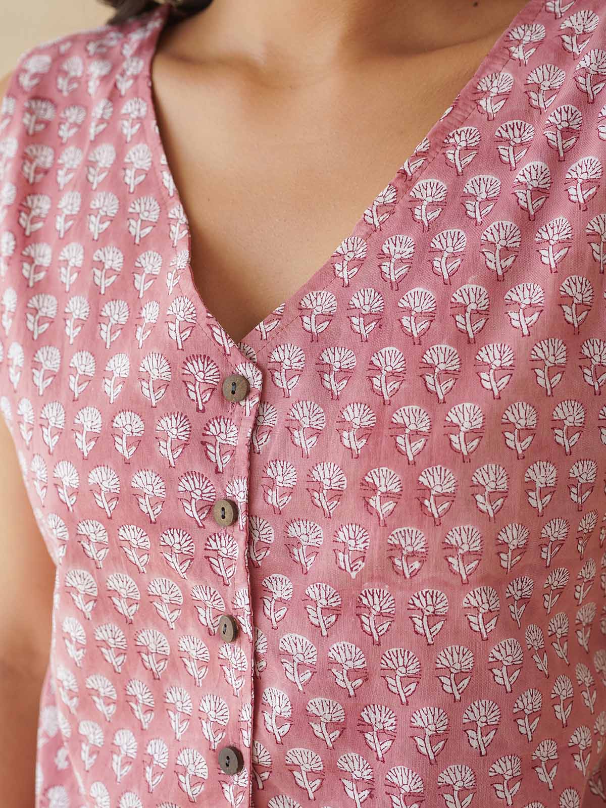 Sleeveless Cotton Block Printed Kothi Top Dusty Pink