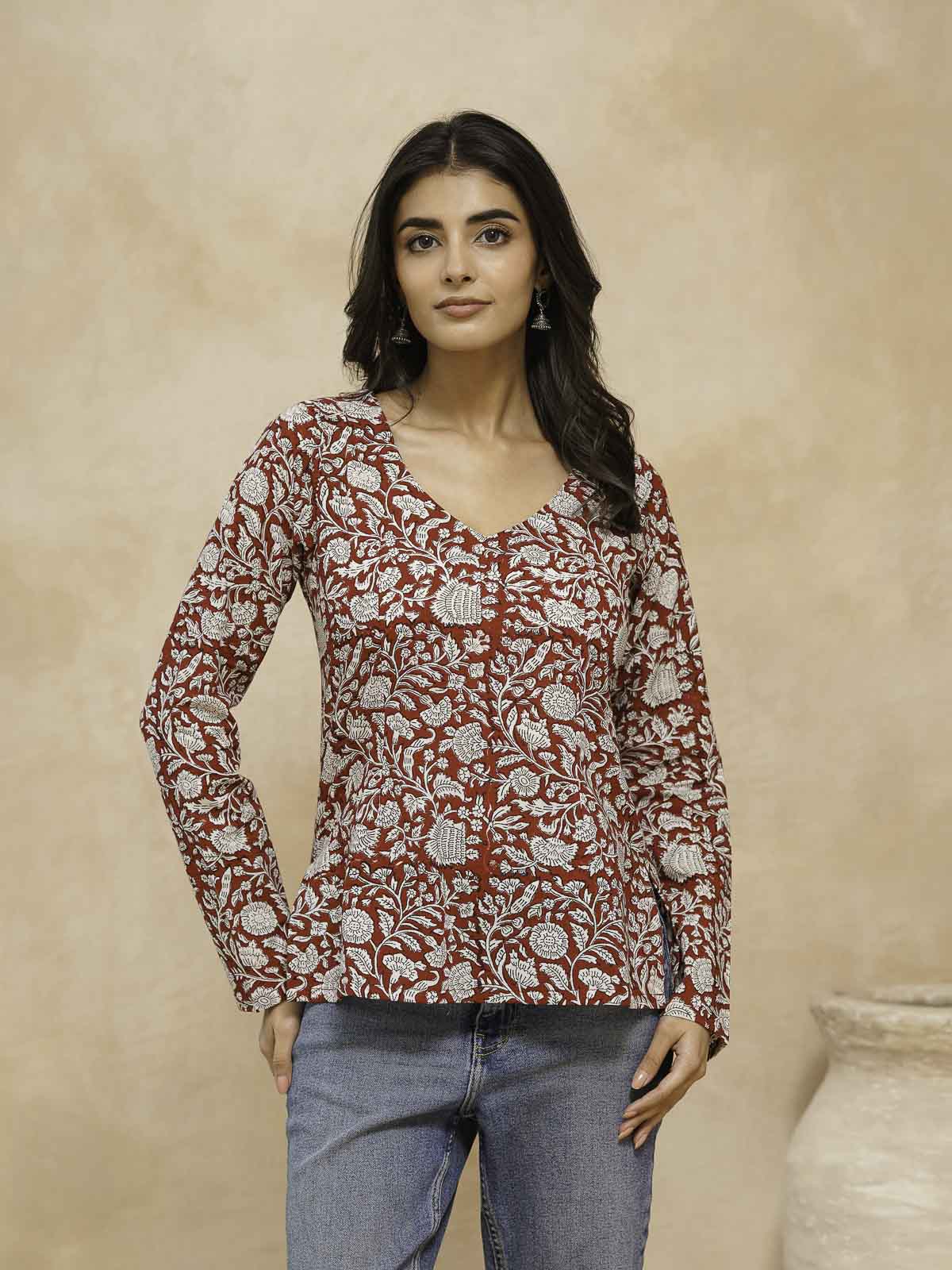 Full Sleeve Cotton Printed Classic Vee Top Red