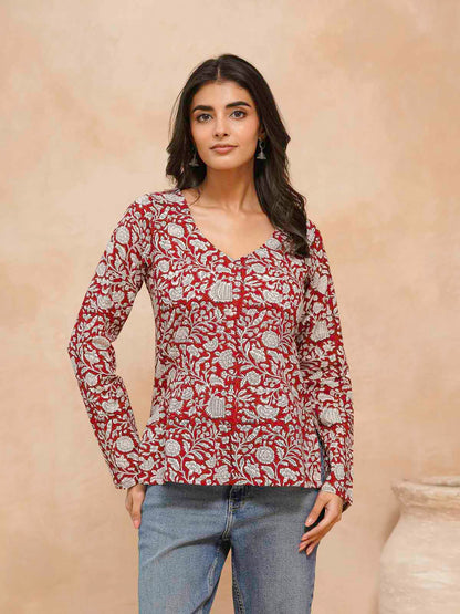 Full Sleeve Cotton Printed Classic Vee Top Red
