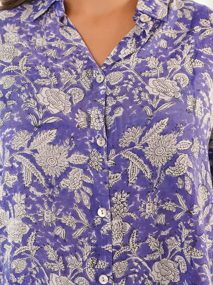 Block Printed Cotton Meher Shirt Blue Jaal