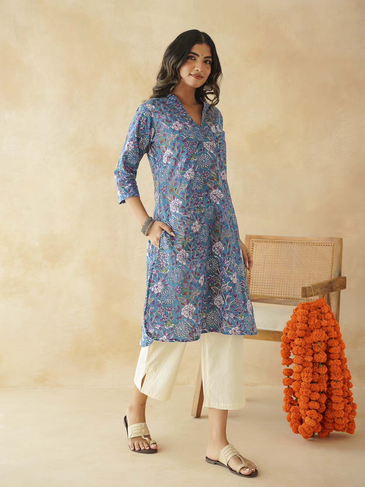Cotton Printed Straight Kurta Blue Velvet
